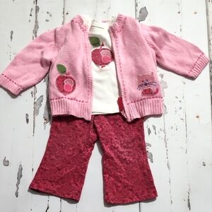 Y2K OshKosh B'gosh A For Apple Pink Knit Toddler Sweater 3pc Set 12/18m